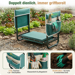 Sekey Höhenverstellbare Kniebank für Gartenarbeit Belastbarkeit 180KG, Gartenhocker Klappbar mit Werkzeugtaschen, Knie Komfort Garten, Grün