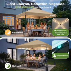 Sekey Pavillon 3x3 m mit LED-Beleuchtung – Wasserdicht, Winterfest & Stabil, Höhenverstellbarer Faltpavillon mit Solarpanel, UV-Schutz 50+, Gartenpavillon für Camping, Terrasse & Partys