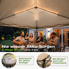 Sekey Pavillon 3x3 m mit LED-Beleuchtung – Wasserdicht, Winterfest & Stabil, Höhenverstellbarer Faltpavillon mit Solarpanel, UV-Schutz 50+, Gartenpavillon für Camping, Terrasse & Partys