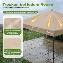 Sekey Pavillon 3x3 m mit LED-Beleuchtung – Wasserdicht, Winterfest & Stabil, Höhenverstellbarer Faltpavillon mit Solarpanel, UV-Schutz 50+, Gartenpavillon für Camping, Terrasse & Partys