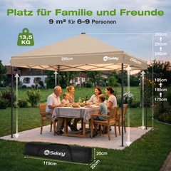 Sekey Pavillon 3x3 m mit LED-Beleuchtung – Wasserdicht, Winterfest & Stabil, Höhenverstellbarer Faltpavillon mit Solarpanel, UV-Schutz 50+, Gartenpavillon für Camping, Terrasse & Partys