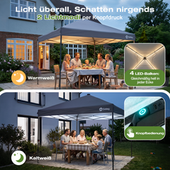 Sekey Pavillon 3x3 m mit LED-Beleuchtung – Wasserdicht, Winterfest & Stabil, Höhenverstellbarer Faltpavillon mit Solarpanel, UV-Schutz 50+, Gartenpavillon für Camping, Terrasse & Partys