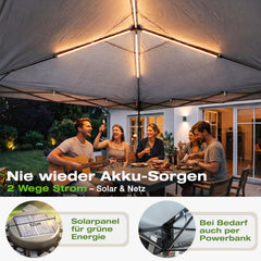 Sekey Pavillon 3x3 m mit LED-Beleuchtung – Wasserdicht, Winterfest & Stabil, Höhenverstellbarer Faltpavillon mit Solarpanel, UV-Schutz 50+, Gartenpavillon für Camping, Terrasse & Partys