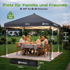 Sekey Pavillon 3x3 m mit LED-Beleuchtung – Wasserdicht, Winterfest & Stabil, Höhenverstellbarer Faltpavillon mit Solarpanel, UV-Schutz 50+, Gartenpavillon für Camping, Terrasse & Partys