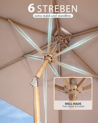 Sekey Sonnenschirm Rechteck 200x300 cm in Holzoptik – höhenverstellbar, UV50+, mit Dreh-Kippfunktion & Kurbel, Eisenmast 38 mm für Balkon, Terrasse & Garten