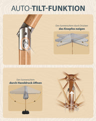 Sekey Sonnenschirm 200 cm Balkon Holzoptik mit Neigungsfunktion, UPF 50+, Doppel-Seilzug, stabiler Eisenmast & 6 Stahlstreben – für Balkon & Terrasse