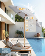 Sekey Sonnenschirm 200 cm Balkon Holzoptik mit Neigungsfunktion, UPF 50+, Doppel-Seilzug, stabiler Eisenmast & 6 Stahlstreben – für Balkon & Terrasse