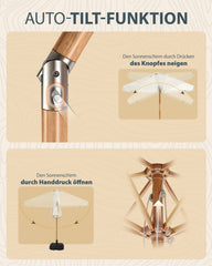 Sekey Sonnenschirm 200 cm Balkon Holzoptik mit Neigungsfunktion, UPF 50+, Doppel-Seilzug, stabiler Eisenmast & 6 Stahlstreben – für Balkon & Terrasse