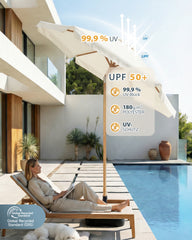 Sekey Sonnenschirm 200 cm Balkon Holzoptik mit Neigungsfunktion, UPF 50+, Doppel-Seilzug, stabiler Eisenmast & 6 Stahlstreben – für Balkon & Terrasse