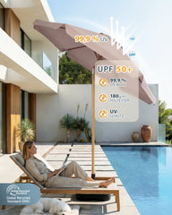 Sekey Sonnenschirm 200 cm Balkon Holzoptik mit Neigungsfunktion, UPF 50+, Doppel-Seilzug, stabiler Eisenmast & 6 Stahlstreben – für Balkon & Terrasse