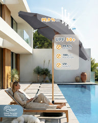 Sekey Sonnenschirm 200 cm Balkon Holzoptik mit Neigungsfunktion, UPF 50+, Doppel-Seilzug, stabiler Eisenmast & 6 Stahlstreben – für Balkon & Terrasse