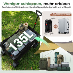 Sekey XXL Faltbarer Bollerwagen 135L – 150kg Belastbar, Leichter Handwagen mit Breiten All-Terrain Rädern, Bremse & 4-Wege Sofortaufbau Transportwagen, 4031