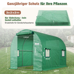 Sekey Ersatzfolie für Folientunnel 300 × 200 × 200 cm – 140 g/m² PE-Gitterfolie mit 4 Fenstern & 2 Türen, UV-beständig, reißfest, Gewächshaus-Ersatzabdeckung ohne Gestell