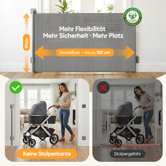 Sekey Ausziehbares Treppenschutzgitter 0–150 cm – TÜV-zertifiziertes Baby- & Haustiergitter, 97 cm hoch, ohne Bohren, für Treppe, Tür & Flur