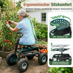 Sekey Gartenrollsitz bis 180 kg – 360° drehbarer Gartensitz mit Luftreifen Ø 25,5 cm, ergonomischer Rollsitz mit Ablage für Garten & Gewächshaus