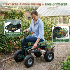 Sekey Gartenrollsitz bis 180 kg – 360° drehbarer Gartensitz mit Luftreifen Ø 25,5 cm, ergonomischer Rollsitz mit Ablage für Garten & Gewächshaus