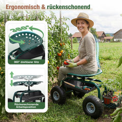 Sekey Gartenrollsitz mit Griff – Fahrbarer Gartensitz bis 180 kg, 360° drehbar, luftbereift Ø 25,5 cm mit Korb