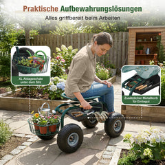 Sekey Gartenrollsitz mit Griff – Fahrbarer Gartensitz bis 180 kg, 360° drehbar, luftbereift Ø 25,5 cm mit Korb
