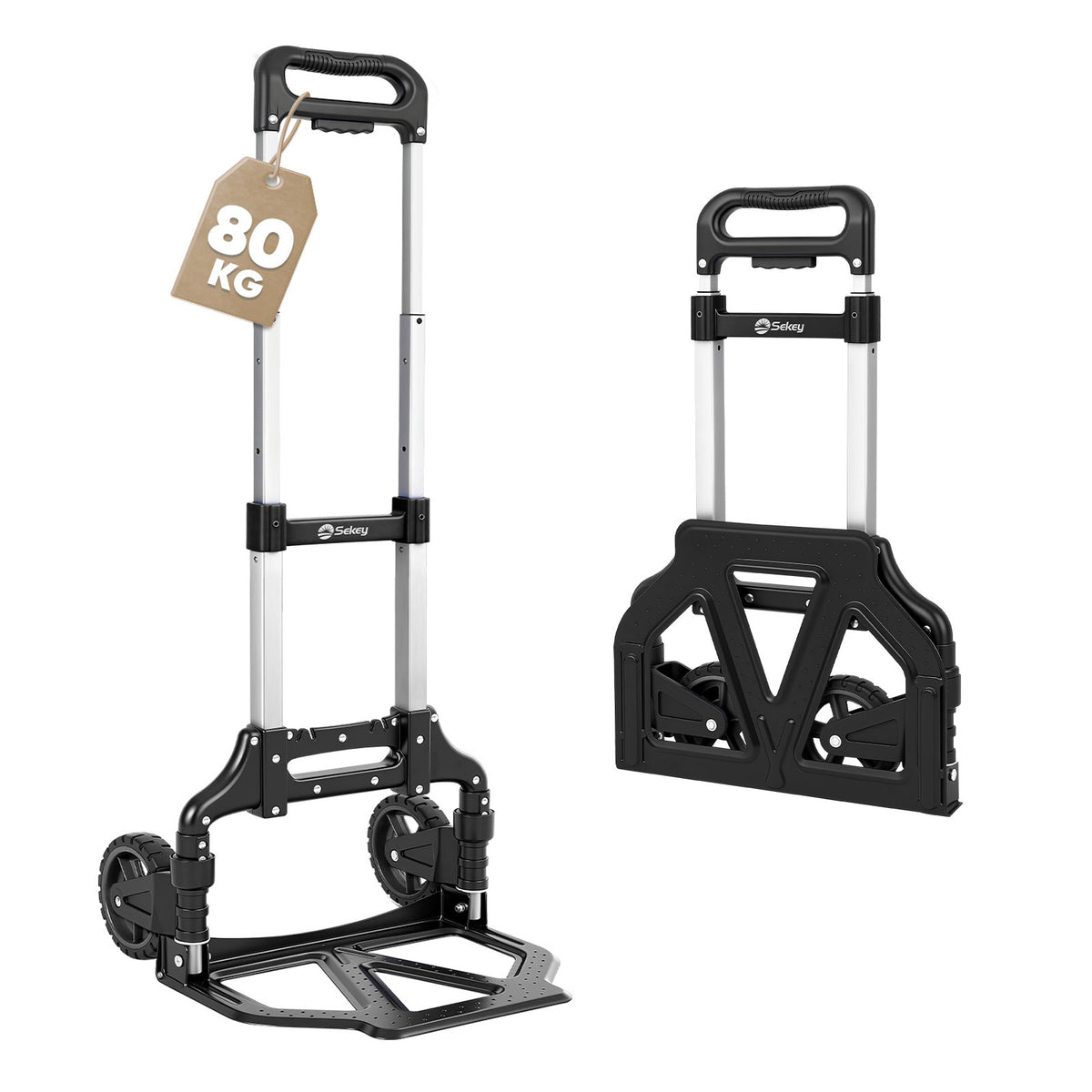 Sekey Alu Sackkarre Klappbar 80 kg Tragkraft – ultraleichte Transportkarre (3,5 kg), 3-fach höhenverstellbar, in 1 Sekunde faltbar, mit TPR-Rädern & ergonomischem Griff, schwarz
