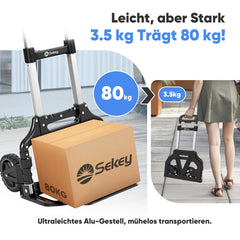 Sekey Alu Sackkarre Klappbar 80 kg Tragkraft – ultraleichte Transportkarre (3,5 kg), 3-fach höhenverstellbar, in 1 Sekunde faltbar, mit TPR-Rädern & ergonomischem Griff, schwarz