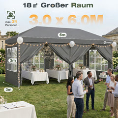 Sekey 3x6m One-Touch Pop-Up Pavillon mit Seitenwänden – Wasserdicht & Windfest, Faltpavillon mit 4 Sandsäcken, Höhenverstellbar, Schnellaufbau für Garten, Camping & Events