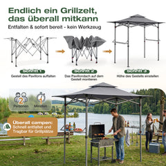 Sekey Grillpavillon Faltbar 250 x 150 cm – Wetterfest & Winterfest, Pop-Up Grillüberdachung mit UV-Schutz 50+, Tragbarer BBQ Pavillon für Garten, Terrasse & Camping