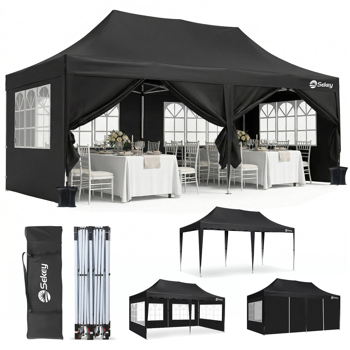 Sekey 3x6m Faltpavillon mit Seitenwand – Pop-Up Pavillon Wasserdicht (PU1000+) & UV50+, Stabil & Winterfest, Gartenpavillon mit hoher Spitze für Party, Camping & Events