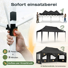 Sekey 3x6m Faltpavillon mit Seitenwand – Pop-Up Pavillon Wasserdicht (PU1000+) & UV50+, Stabil & Winterfest, Gartenpavillon mit hoher Spitze für Party, Camping & Events