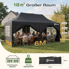Sekey 3x6m Faltpavillon mit Seitenwand – Pop-Up Pavillon Wasserdicht (PU1000+) & UV50+, Stabil & Winterfest, Gartenpavillon mit hoher Spitze für Party, Camping & Events
