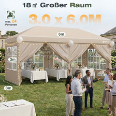 Sekey 3x6m One-Touch Pop-Up Pavillon mit Seitenwänden – Wasserdicht & Windfest, Faltpavillon mit 4 Sandsäcken, Höhenverstellbar, Schnellaufbau für Garten, Camping & Events
