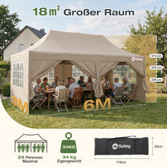 Sekey 3x6m Faltpavillon mit Seitenwand – Pop-Up Pavillon Wasserdicht (PU1000+) & UV50+, Stabil & Winterfest, Gartenpavillon mit hoher Spitze für Party, Camping & Events