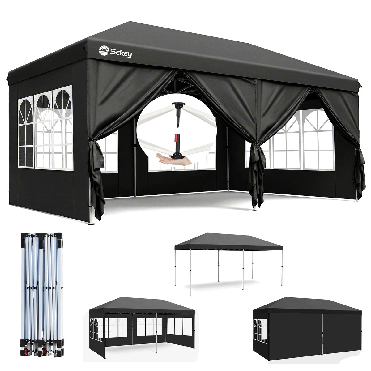 Sekey 3x6m One-Touch Pop-Up Pavillon mit Seitenwänden – Wasserdicht & Windfest, Faltpavillon mit 4 Sandsäcken, Höhenverstellbar, Schnellaufbau für Garten, Camping & Events