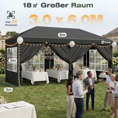Sekey 3x6m One-Touch Pop-Up Pavillon mit Seitenwänden – Wasserdicht & Windfest, Faltpavillon mit 4 Sandsäcken, Höhenverstellbar, Schnellaufbau für Garten, Camping & Events