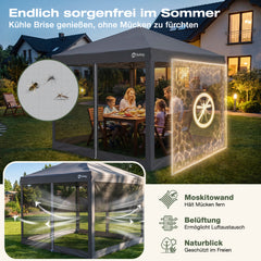 Sekey Pop Up Pavillon 3x3 m mit Moskitonetz & 4 Seitenwänden – Wasserdicht, Winterfest, Höhenverstellbarer Faltpavillon mit 4 Sandsäcken, UV-Schutz 50+, Garten- & Campingzelt