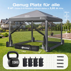 Sekey Pop Up Pavillon 3x3 m mit Moskitonetz & 4 Seitenwänden – Wasserdicht, Winterfest, Höhenverstellbarer Faltpavillon mit 4 Sandsäcken, UV-Schutz 50+, Garten- & Campingzelt