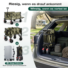 Sekey Bollerwagen faltbar bis 150 kg, 160–240 L Handwagen mit erweiterbarer Heckklappe, faltbarer Transportwagen mit 360° Rädern & Bremse, 600D Oxford-Stoff, für Garten, Camping & Hund, 3027