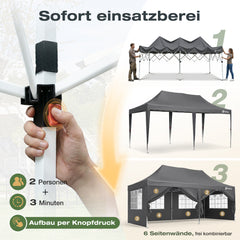 Sekey 3x6m Faltpavillon mit Seitenwand – Pop-Up Pavillon Wasserdicht (PU1000+) & UV50+, Stabil & Winterfest, Gartenpavillon mit hoher Spitze für Party, Camping & Events