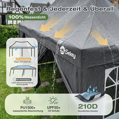 Sekey 3x6m Faltpavillon mit Seitenwand – Pop-Up Pavillon Wasserdicht (PU1000+) & UV50+, Stabil & Winterfest, Gartenpavillon mit hoher Spitze für Party, Camping & Events