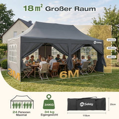Sekey 3x6m Faltpavillon mit Seitenwand – Pop-Up Pavillon Wasserdicht (PU1000+) & UV50+, Stabil & Winterfest, Gartenpavillon mit hoher Spitze für Party, Camping & Events