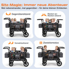 Sekey Bollerwagen für 2–4 Kinder – Faltbarer Kinderwagen mit Dach, 4 Sitze mit 5-Punkt-Gurtsystem, Duo-Schiebegriff, großer Stauraum & All-Terrain Räder (Modell SS7070)