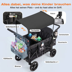 Sekey Bollerwagen für 2–4 Kinder – Faltbarer Kinderwagen mit Dach, 4 Sitze mit 5-Punkt-Gurtsystem, Duo-Schiebegriff, großer Stauraum & All-Terrain Räder (Modell SS7070)