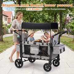 Sekey Bollerwagen für 2–4 Kinder – Faltbarer Kinderwagen mit Dach, 4 Sitze mit 5-Punkt-Gurtsystem, Duo-Schiebegriff, großer Stauraum & All-Terrain Räder (Modell SS7070)