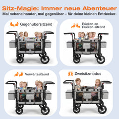 Sekey Bollerwagen für 2–4 Kinder – Faltbarer Kinderwagen mit Dach, 4 Sitze mit 5-Punkt-Gurtsystem, Duo-Schiebegriff, großer Stauraum & All-Terrain Räder (Modell SS7070)