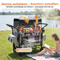 Sekey Bollerwagen für 2–4 Kinder – Faltbarer Kinderwagen mit Dach, 4 Sitze mit 5-Punkt-Gurtsystem, Duo-Schiebegriff, großer Stauraum & All-Terrain Räder (Modell SS7070)