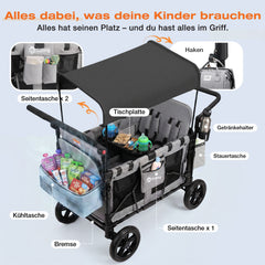 Sekey Bollerwagen für 2–4 Kinder – Faltbarer Kinderwagen mit Dach, 4 Sitze mit 5-Punkt-Gurtsystem, Duo-Schiebegriff, großer Stauraum & All-Terrain Räder (Modell SS7070)