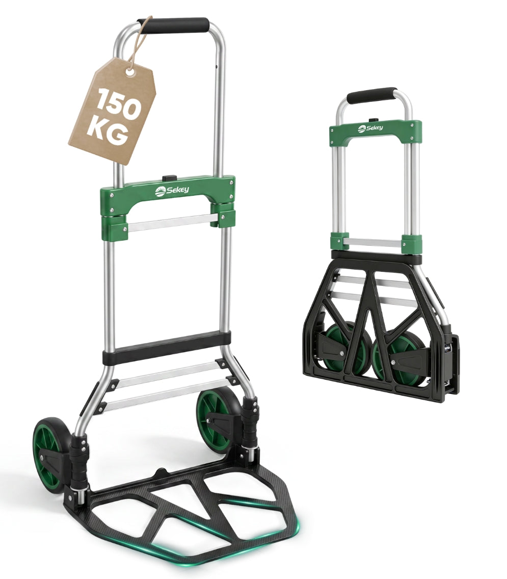 Sekey klappbare Sackkarre 150 kg – Schwerlast Transportkarre aus 1,5 mm verstärktem Aluminium, XL Ladefläche 49×35 cm, Profi Alukarre mit 17 cm Rädern & Teleskopgriff bis 107 cm