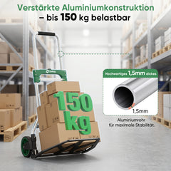 Sekey klappbare Sackkarre 150 kg – Schwerlast Transportkarre aus 1,5 mm verstärktem Aluminium, XL Ladefläche 49×35 cm, Profi Alukarre mit 17 cm Rädern & Teleskopgriff bis 107 cm