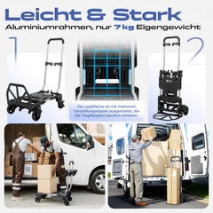 Sekey 2-in-1 Sackkarre & Plattformwagen klappbar – Aluminium Transportkarre bis 150 kg, faltbarer Transportwagen mit Bremse, TPR-Doppellagerrädern und höhenverstellbarem Griff