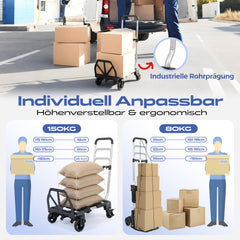 Sekey 2-in-1 Sackkarre & Plattformwagen klappbar – Aluminium Transportkarre bis 150 kg, faltbarer Transportwagen mit Bremse, TPR-Doppellagerrädern und höhenverstellbarem Griff