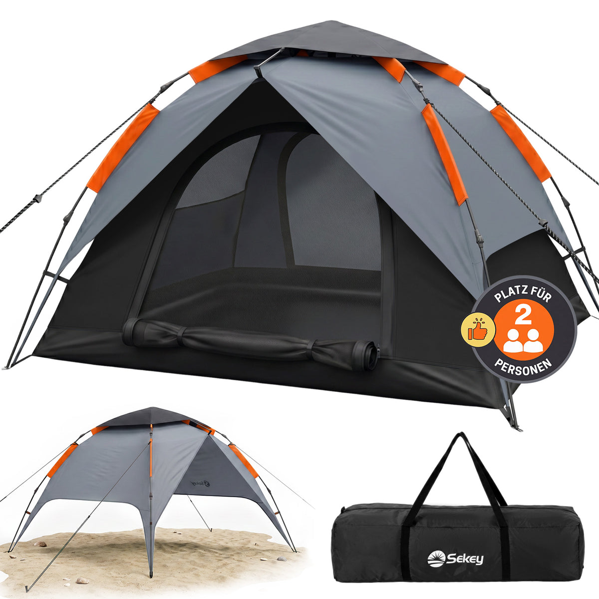 Sekey 2-Personen Kuppelzelt mit Hydraulik Pop-up System – Campingzelt wasserdicht PU3000+, UV50+ Schutz, 2-in-1 Strand- & Outdoor-Zelt, leicht & schnell aufgebaut